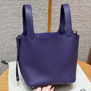 Hermes Picotin Lock 18 CM Bag Handmade In Taurillon Clemence Leather Silver Hardware 3W Prunoir - Image 19