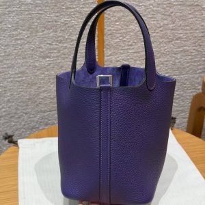 Hermes Picotin Lock 18 CM Bag Handmade In Taurillon Clemence Leather Silver Hardware 3W Prunoir - Image 13