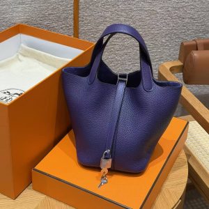 Hermes Picotin Lock 18 CM Bag Handmade In Taurillon Clemence Leather Silver Hardware 3W Prunoir - Image 3