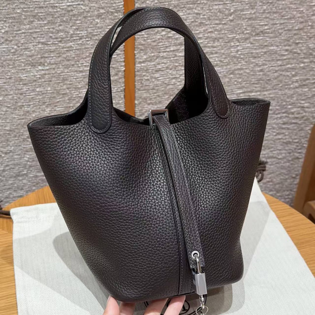 Hermes Picotin Lock 18 CM Bag Handmade In Taurillon Clemence Leather Silver Hardware 46 Ebene