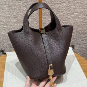 Hermes Picotin Lock 18 CM Bag Handmade In Taurillon Clemence Leather Gold Hardware 47 Chocolate
