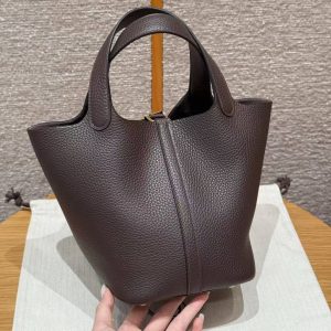 Hermes Picotin Lock 18 CM Bag Handmade In Taurillon Clemence Leather Gold Hardware 47 Chocolate - Image 2