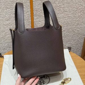Hermes Picotin Lock 18 CM Bag Handmade In Taurillon Clemence Leather Gold Hardware 47 Chocolate - Image 16