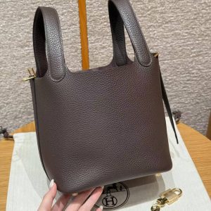 Hermes Picotin Lock 18 CM Bag Handmade In Taurillon Clemence Leather Gold Hardware 47 Chocolate - Image 15