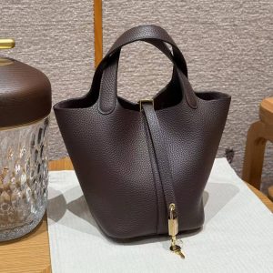 Hermes Picotin Lock 18 CM Bag Handmade In Taurillon Clemence Leather Gold Hardware 47 Chocolate - Image 9