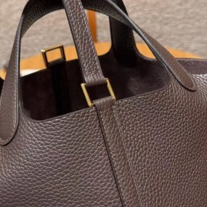 Hermes Picotin Lock 18 CM Bag Handmade In Taurillon Clemence Leather Gold Hardware 47 Chocolate - Image 5