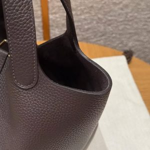 Hermes Picotin Lock 18 CM Bag Handmade In Taurillon Clemence Leather Gold Hardware 47 Chocolate - Image 4