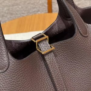 Hermes Picotin Lock 18 CM Bag Handmade In Taurillon Clemence Leather Gold Hardware 47 Chocolate - Image 3