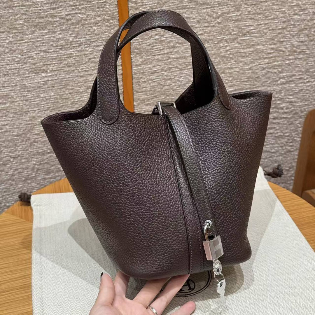 Hermes Picotin Lock 18 CM Bag Handmade In Taurillon Clemence Leather Silver Hardware 47 Chocolate