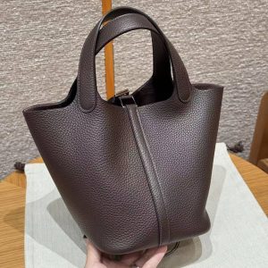 Hermes Picotin Lock 18 CM Bag Handmade In Taurillon Clemence Leather Silver Hardware 47 Chocolate - Image 2