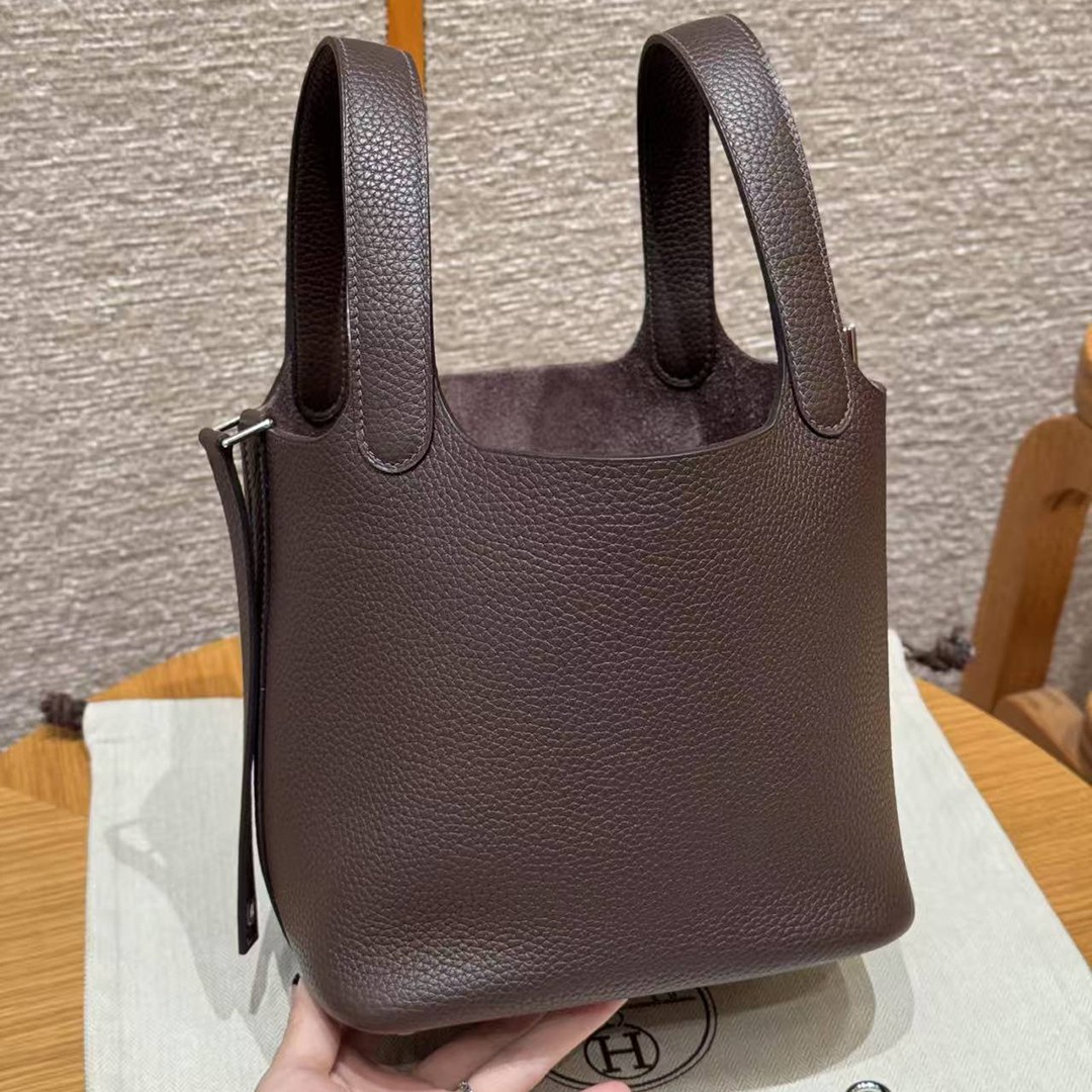 Hermes Picotin Lock 18 CM Bag Handmade In Taurillon Clemence Leather Silver Hardware 47 Chocolate - Image 15