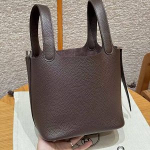 Hermes Picotin Lock 18 CM Bag Handmade In Taurillon Clemence Leather Silver Hardware 47 Chocolate - Image 14