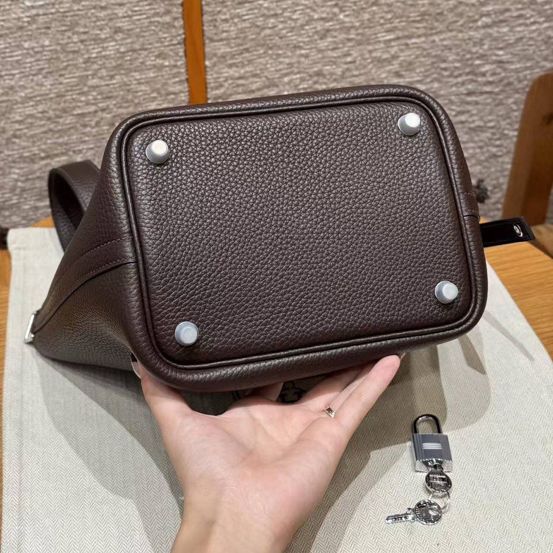 Hermes Picotin Lock 18 CM Bag Handmade In Taurillon Clemence Leather Silver Hardware 47 Chocolate - Image 13