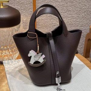 Hermes Picotin Lock 18 CM Bag Handmade In Taurillon Clemence Leather Silver Hardware 47 Chocolate - Image 8