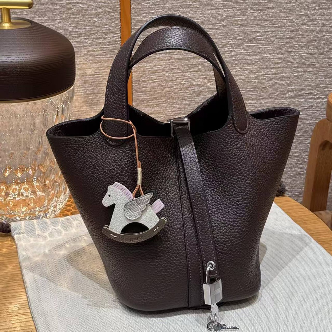 Hermes Picotin Lock 18 CM Bag Handmade In Taurillon Clemence Leather Silver Hardware 47 Chocolate - Image 8