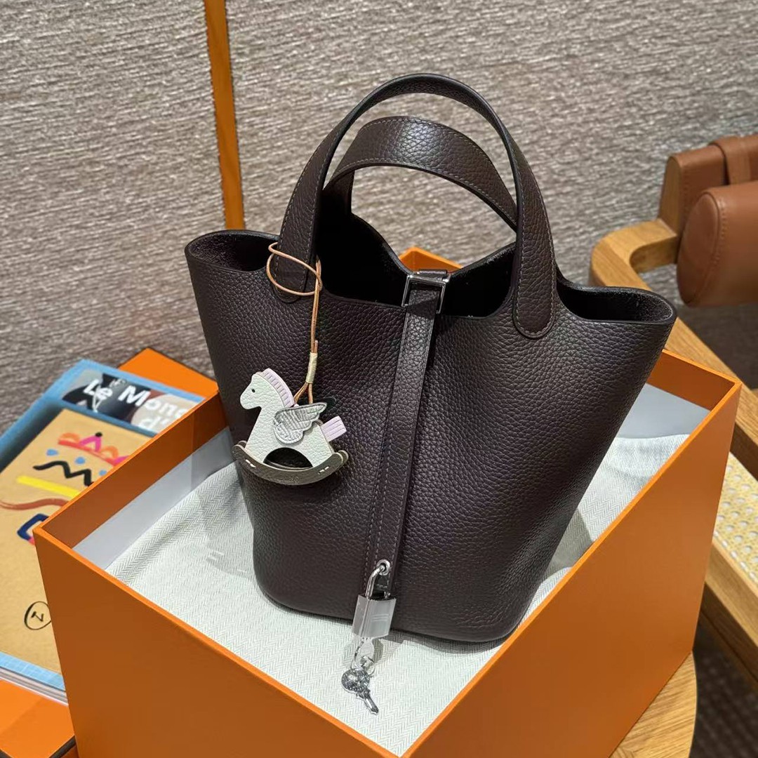 Hermes Picotin Lock 18 CM Bag Handmade In Taurillon Clemence Leather Silver Hardware 47 Chocolate - Image 7