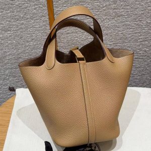 Hermes Picotin Lock 18 CM Bag Handmade In Taurillon Clemence Leather Gold Hardware 4B Biscuit - Image 2