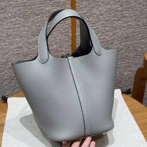 Hermes Picotin Lock 18 CM Bag Handmade In Taurillon Clemence Leather Silver Hardware 4Z Gris Mouette - Image 2