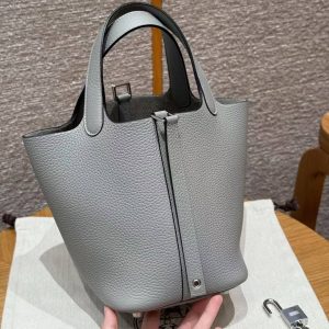 Hermes Picotin Lock 18 CM Bag Handmade In Taurillon Clemence Leather Silver Hardware 4Z Gris Mouette - Image 13