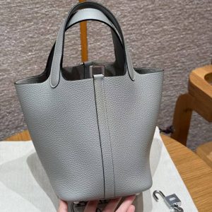 Hermes Picotin Lock 18 CM Bag Handmade In Taurillon Clemence Leather Silver Hardware 4Z Gris Mouette - Image 12