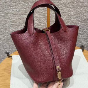 Hermes Picotin Lock 18 CM Bag Handmade In Taurillon Clemence Leather Gold Hardware 55 Rouge H