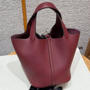 Hermes Picotin Lock 18 CM Bag Handmade In Taurillon Clemence Leather Silver Hardware 55 Rouge H - Image 2