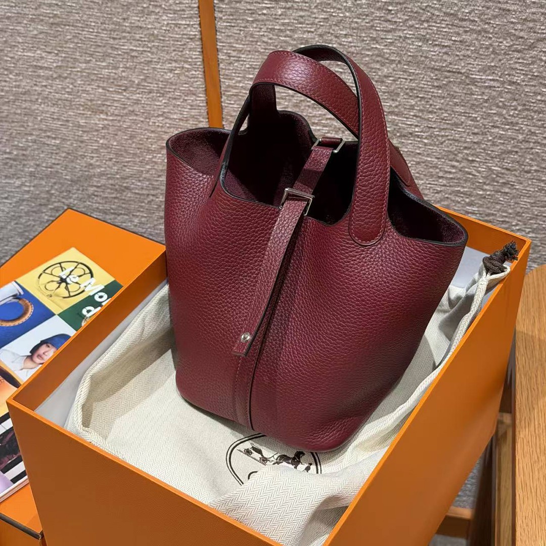Hermes Picotin Lock 18 CM Bag Handmade In Taurillon Clemence Leather Silver Hardware 55 Rouge H - Image 6