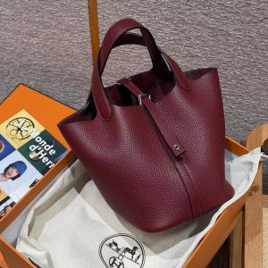 Hermes Picotin Lock 18 CM Bag Handmade In Taurillon Clemence Leather Silver Hardware 55 Rouge H - Image 5