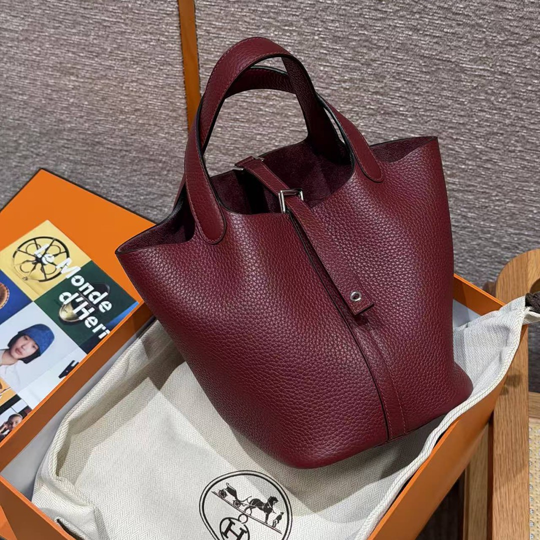 Hermes Picotin Lock 18 CM Bag Handmade In Taurillon Clemence Leather Silver Hardware 55 Rouge H - Image 5