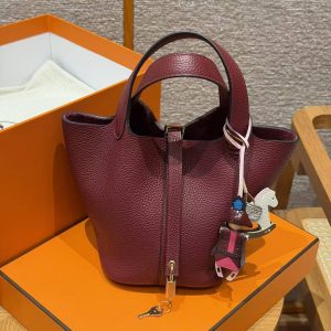 Hermes Picotin Lock 18 CM Bag Handmade In Taurillon Clemence Leather Gold Hardware 57 Bordeaux - Image 6