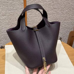 Hermes Picotin Lock 18 CM Bag Handmade In Taurillon Clemence Leather Gold Hardware 59 Raisin