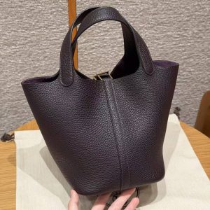 Hermes Picotin Lock 18 CM Bag Handmade In Taurillon Clemence Leather Gold Hardware 59 Raisin - Image 2