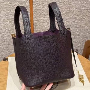 Hermes Picotin Lock 18 CM Bag Handmade In Taurillon Clemence Leather Gold Hardware 59 Raisin - Image 20