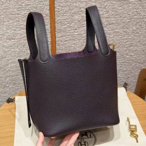 Hermes Picotin Lock 18 CM Bag Handmade In Taurillon Clemence Leather Gold Hardware 59 Raisin - Image 19