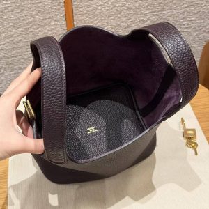 Hermes Picotin Lock 18 CM Bag Handmade In Taurillon Clemence Leather Gold Hardware 59 Raisin - Image 18