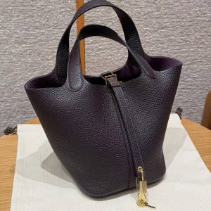 Hermes Picotin Lock 18 CM Bag Handmade In Taurillon Clemence Leather Gold Hardware 59 Raisin - Image 14