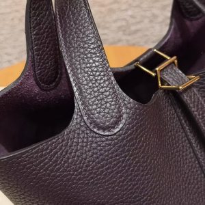 Hermes Picotin Lock 18 CM Bag Handmade In Taurillon Clemence Leather Gold Hardware 59 Raisin - Image 9