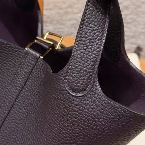 Hermes Picotin Lock 18 CM Bag Handmade In Taurillon Clemence Leather Gold Hardware 59 Raisin - Image 8