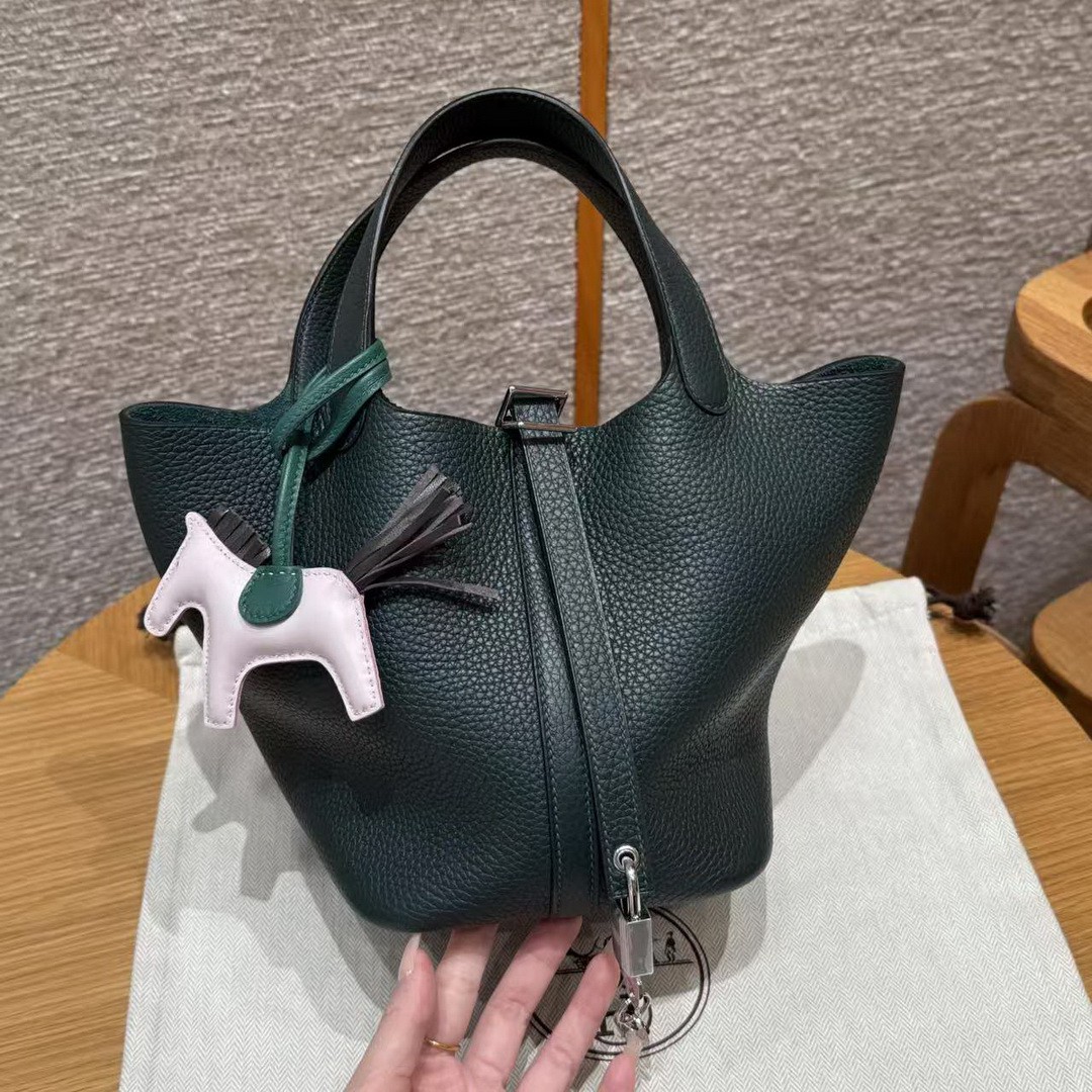 Hermes Picotin Lock 18 CM Bag Handmade In Taurillon Clemence Leather Silver Hardware 60 Vert Cypress
