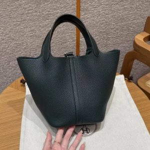 Hermes Picotin Lock 18 CM Bag Handmade In Taurillon Clemence Leather Silver Hardware 60 Vert Cypress - Image 2