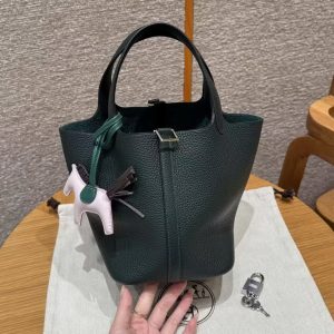 Hermes Picotin Lock 18 CM Bag Handmade In Taurillon Clemence Leather Silver Hardware 60 Vert Cypress - Image 21