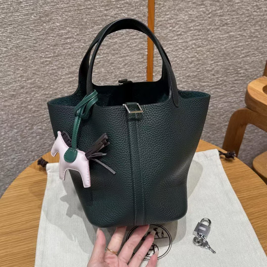 Hermes Picotin Lock 18 CM Bag Handmade In Taurillon Clemence Leather Silver Hardware 60 Vert Cypress - Image 21