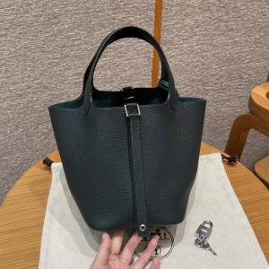 Hermes Picotin Lock 18 CM Bag Handmade In Taurillon Clemence Leather Silver Hardware 60 Vert Cypress - Image 20