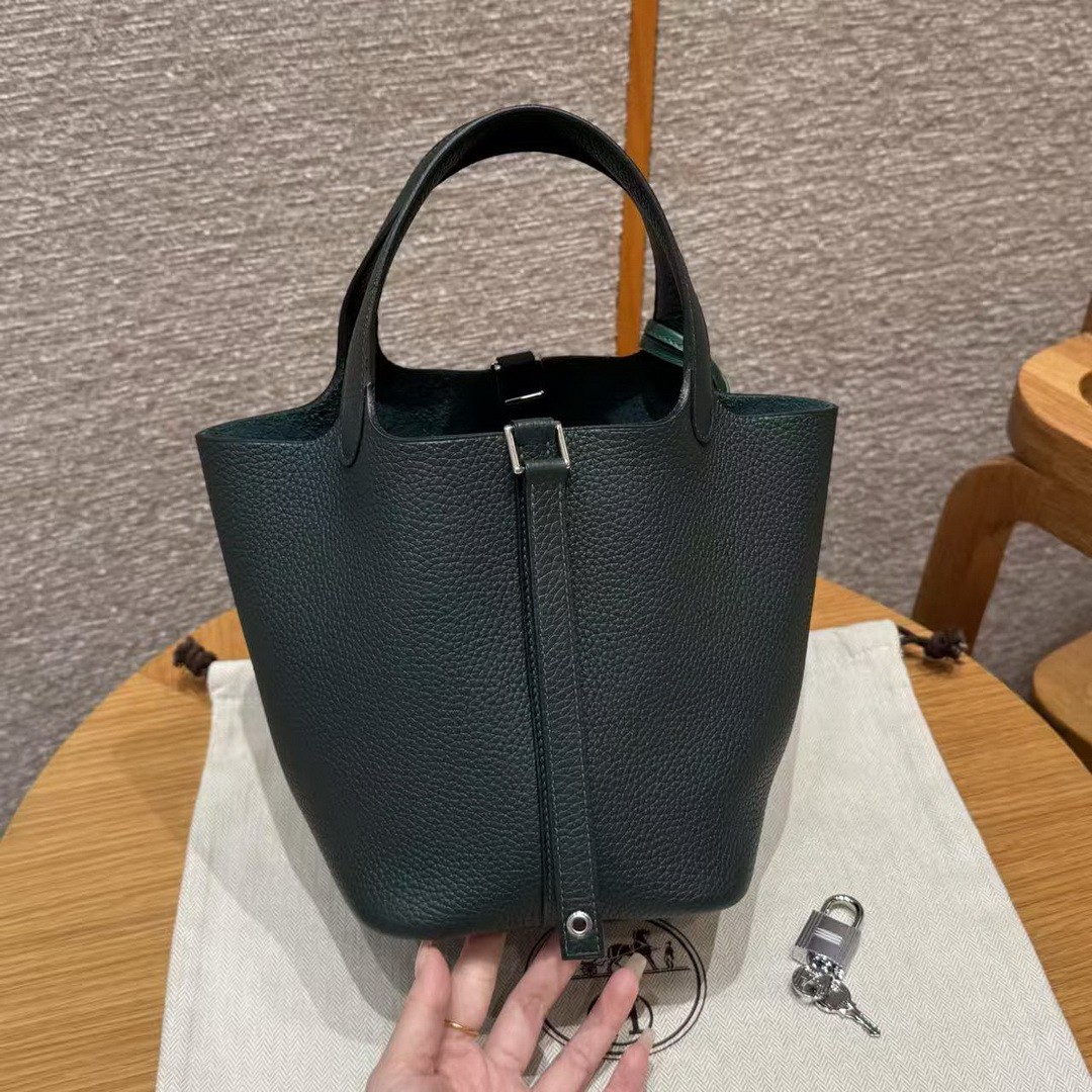 Hermes Picotin Lock 18 CM Bag Handmade In Taurillon Clemence Leather Silver Hardware 60 Vert Cypress - Image 20