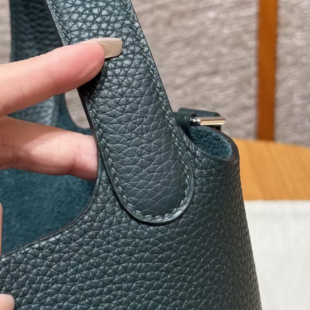 Hermes Picotin Lock 18 CM Bag Handmade In Taurillon Clemence Leather Silver Hardware 60 Vert Cypress - Image 9