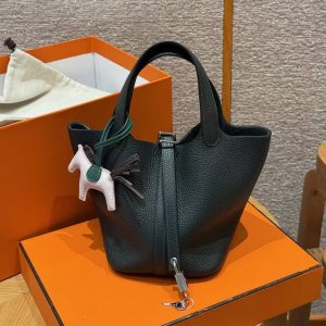 Hermes Picotin Lock 18 CM Bag Handmade In Taurillon Clemence Leather Silver Hardware 60 Vert Cypress - Image 5