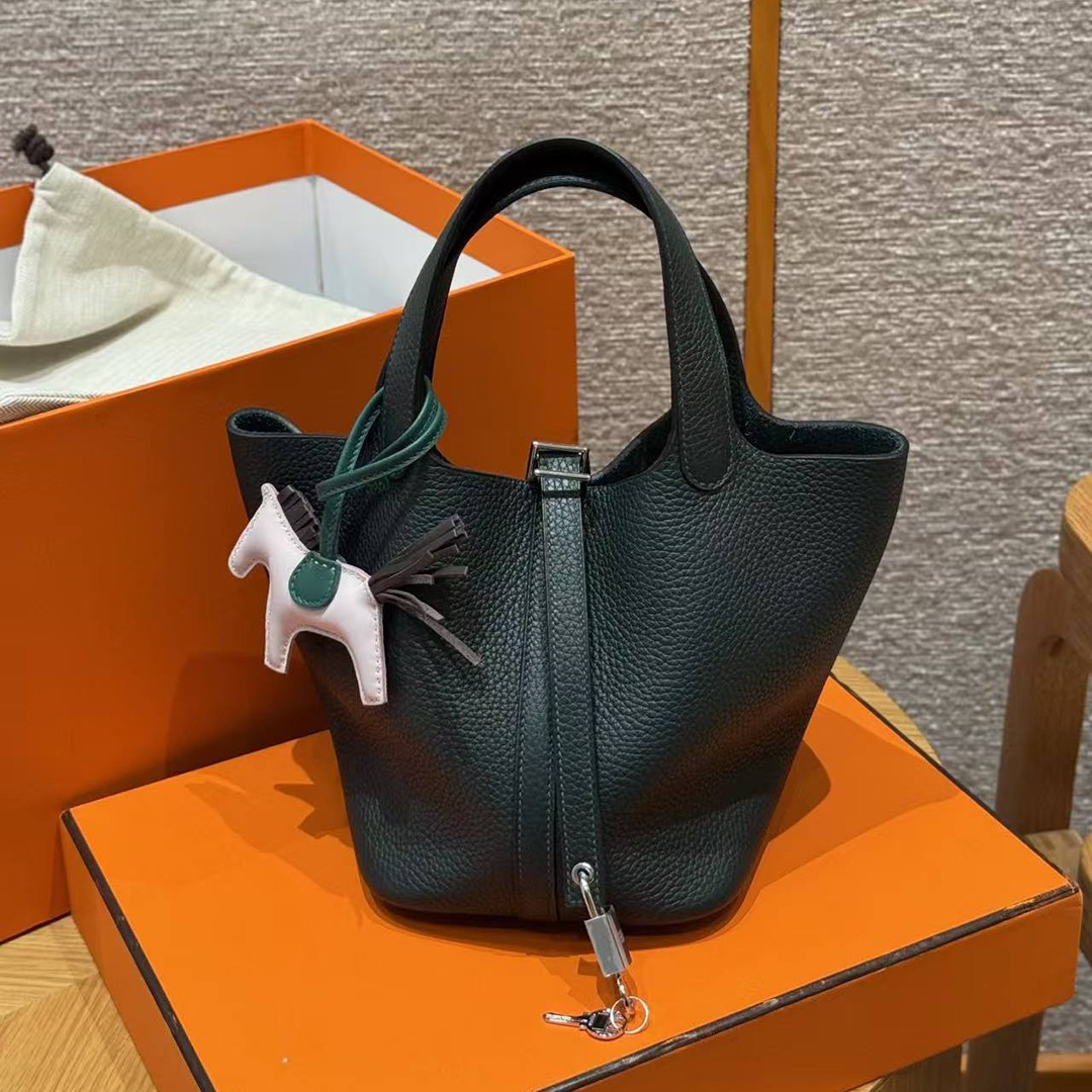 Hermes Picotin Lock 18 CM Bag Handmade In Taurillon Clemence Leather Silver Hardware 60 Vert Cypress - Image 5