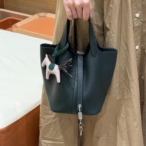 Hermes Picotin Lock 18 CM Bag Handmade In Taurillon Clemence Leather Silver Hardware 60 Vert Cypress - Image 4