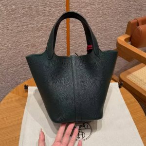 Hermes Picotin Lock 18 CM Bag Handmade In Taurillon Clemence Leather Gold Hardware 67 Vert Fonce - Image 18