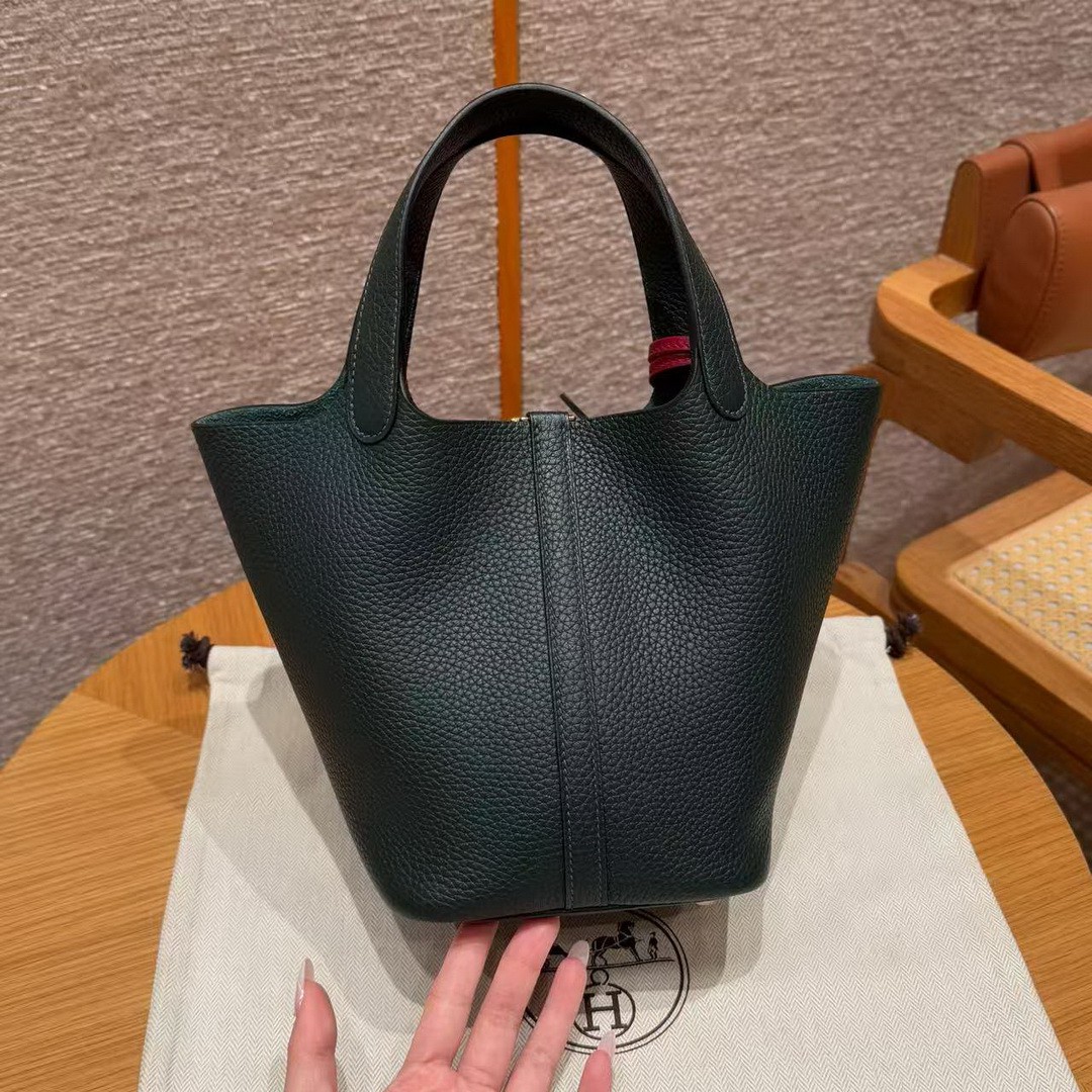 Hermes Picotin Lock 18 CM Bag Handmade In Taurillon Clemence Leather Gold Hardware 67 Vert Fonce - Image 18